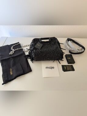 Maje Black Studded Fringe Mini Handbag with Chain Strap